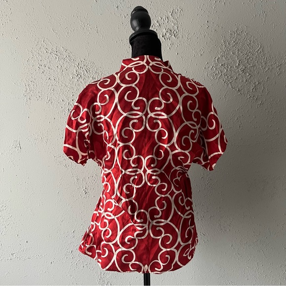 Anne Klein red silk blouse white swirl pattern sinched waist y2k women’s 4 - Picture 6 of 8